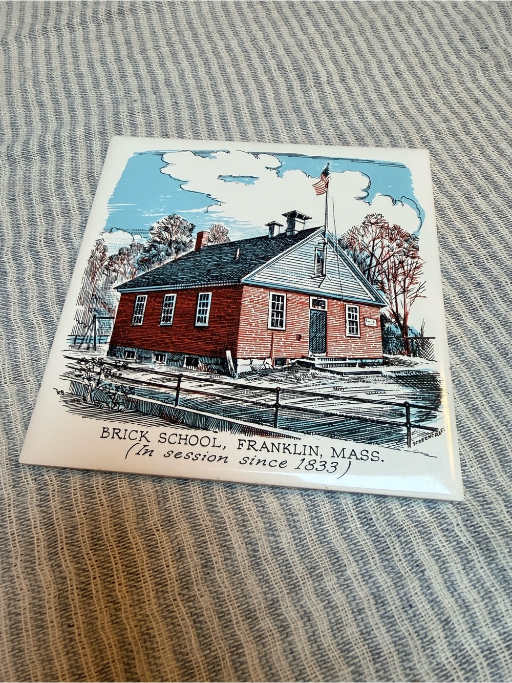 Vintage Screencraft Ceramic Tile Trivet - Historic Brick School Franklin MA 1833